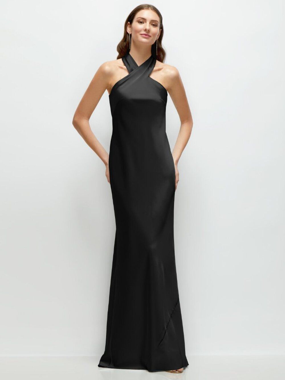 Dessy Satin Charmeuse Long Bridesmaid Formal Dress Crisscross Halter Bow